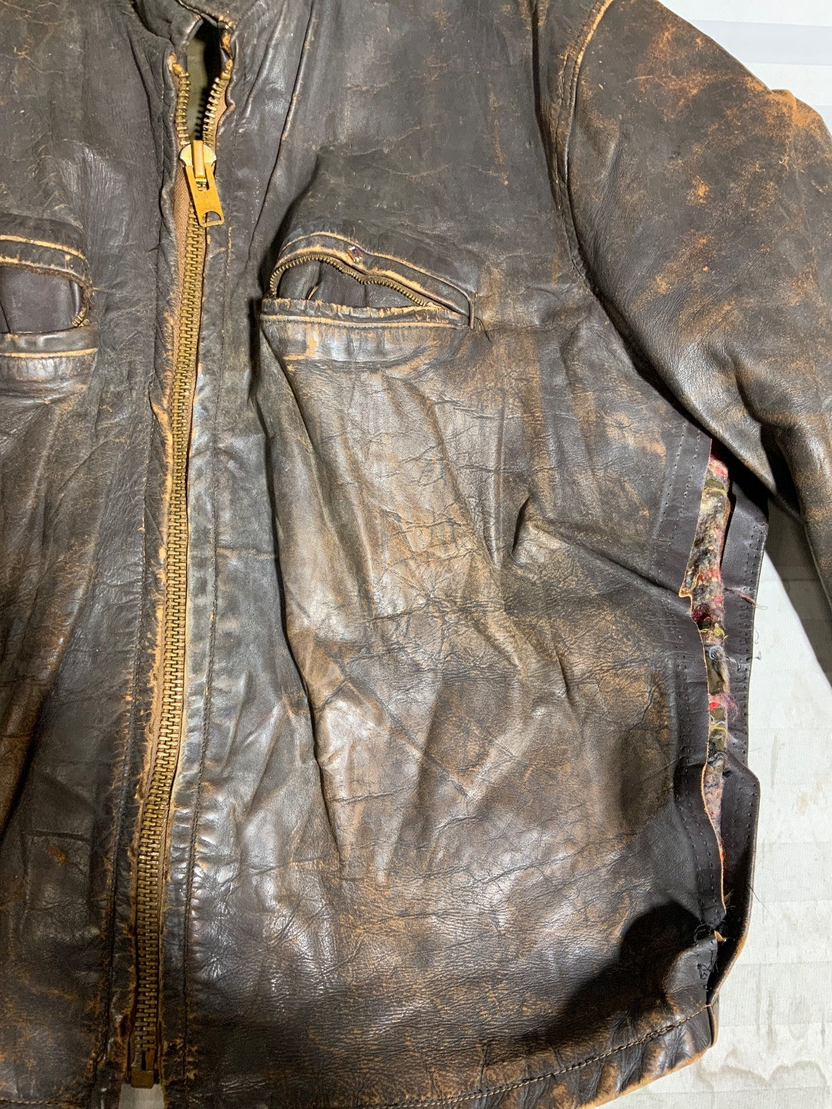Vintage 1970s Leather Cafe Racer Jacket Medium Brown Full Zip Lined Distressed