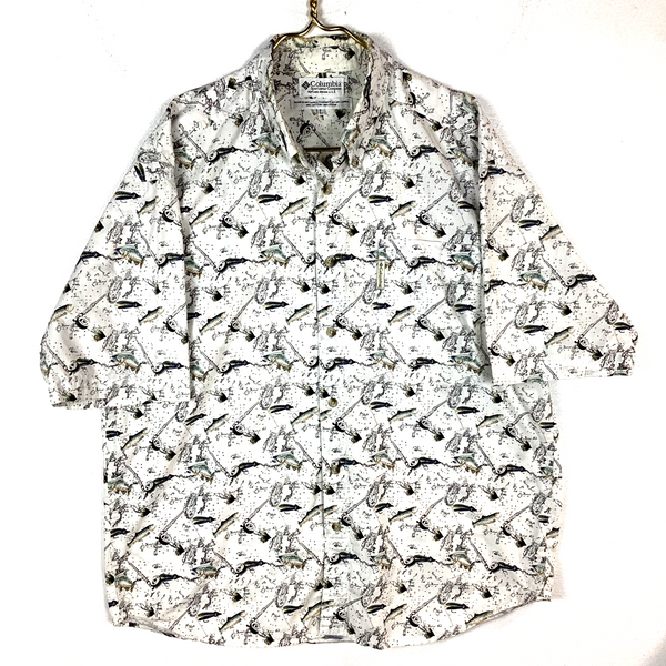 Vintage Columbia Shirt Size Large White Fly Fishing All Over Print