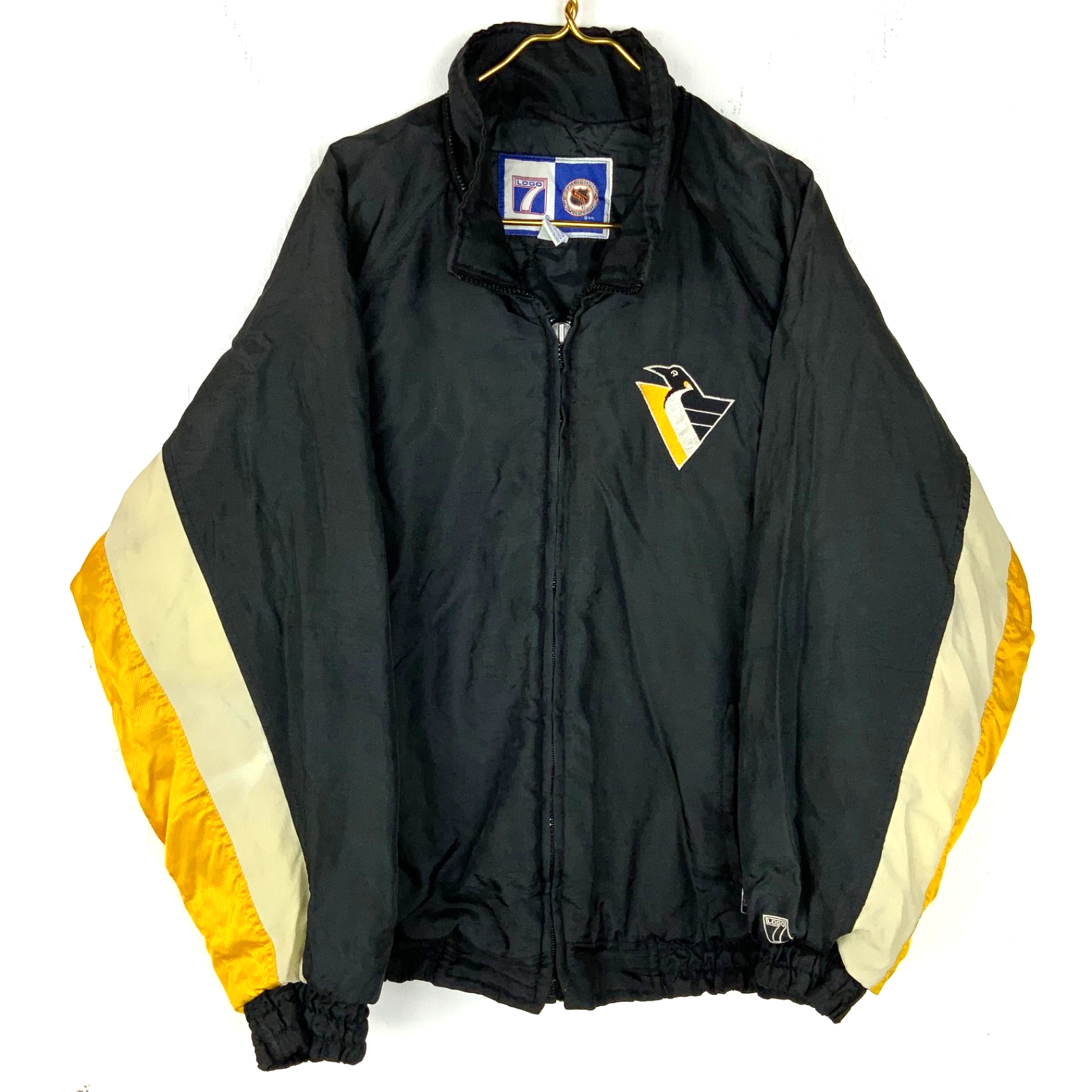 Vintage Pittsburgh Penguins Logo 7 Bomber Jacket Large Black Full Zip Puffer Nhl