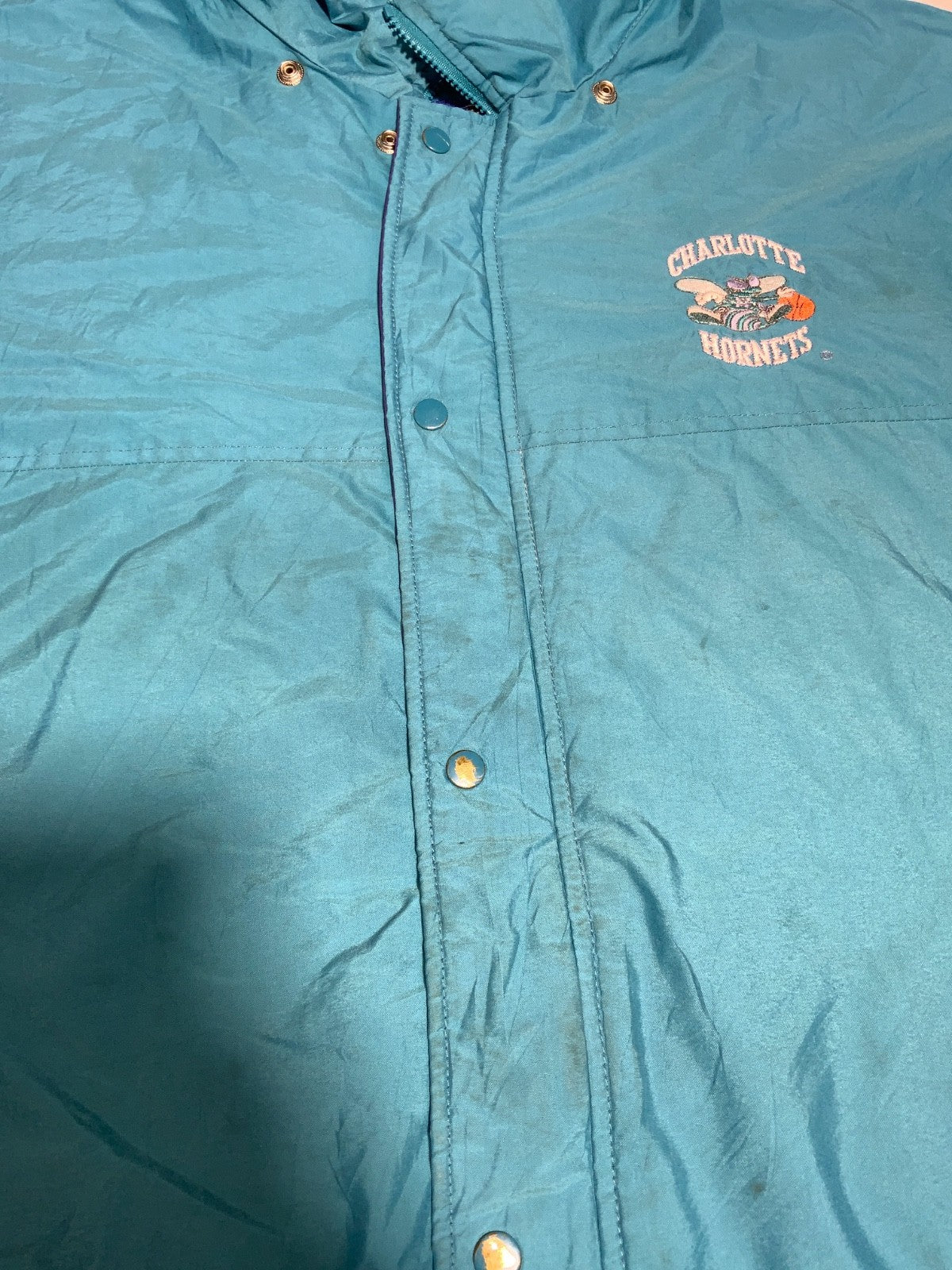 Vintage Charlotte Hornets Starter Bomber Jacket XL Hooded Puffer Full Zip Nba