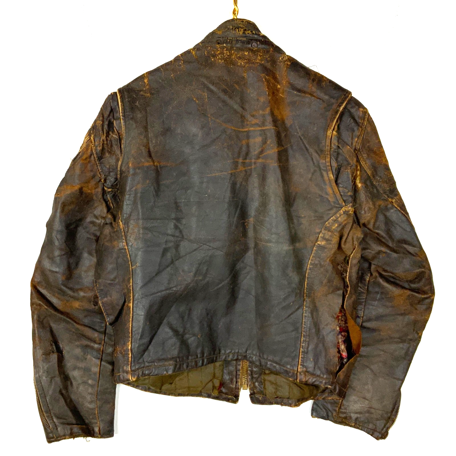 Vintage 1970s Leather Cafe Racer Jacket Medium Brown Full Zip Lined Distressed