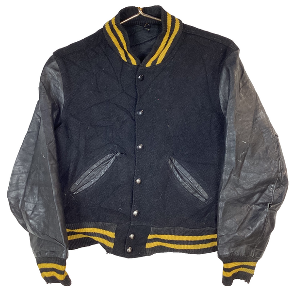 Vintage Delong Womens Leather Wool Varsity Jacket Small Black Made in Usa 60s
