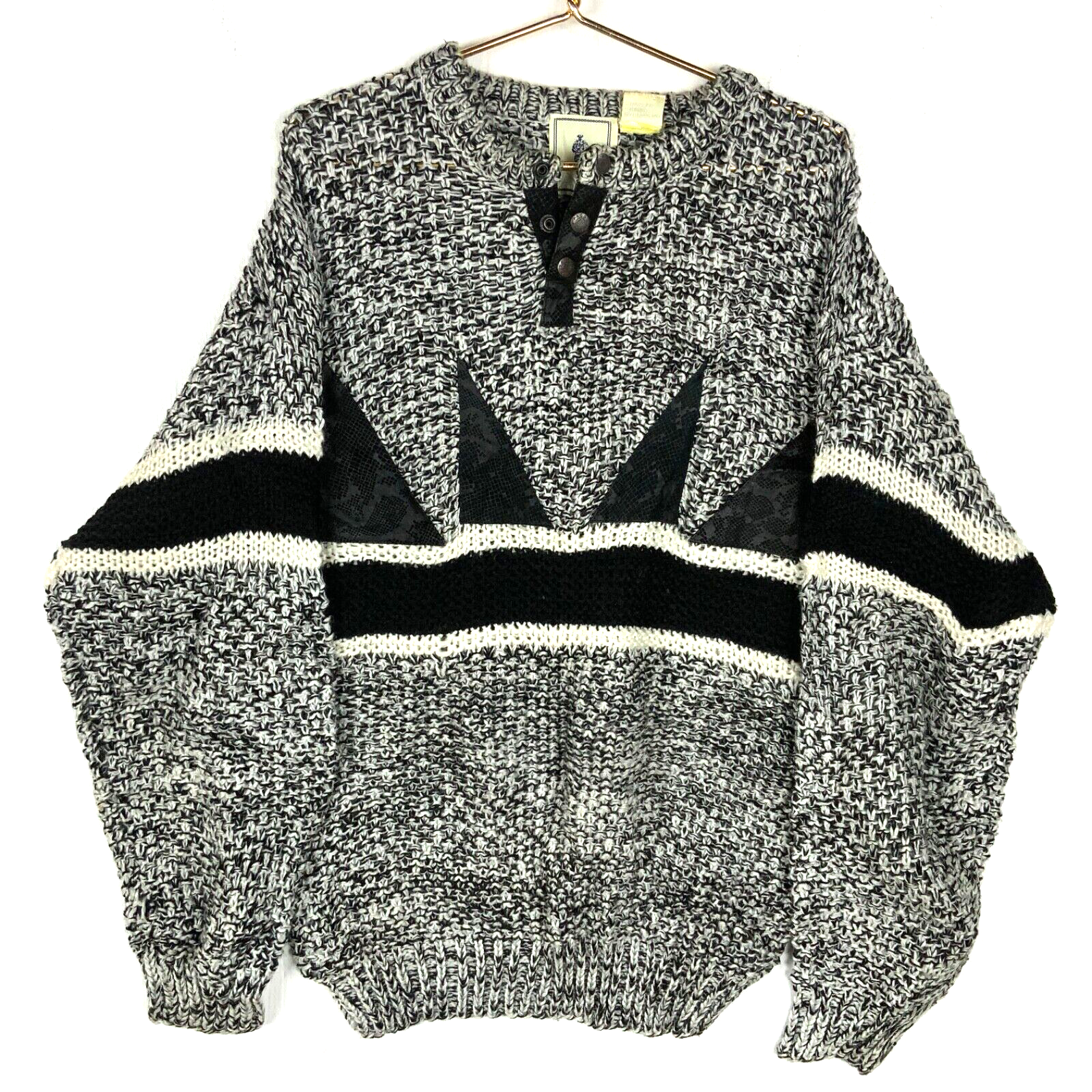 Vintage Paco Knit Sweater XL Henley Leather Trim Striped 90s