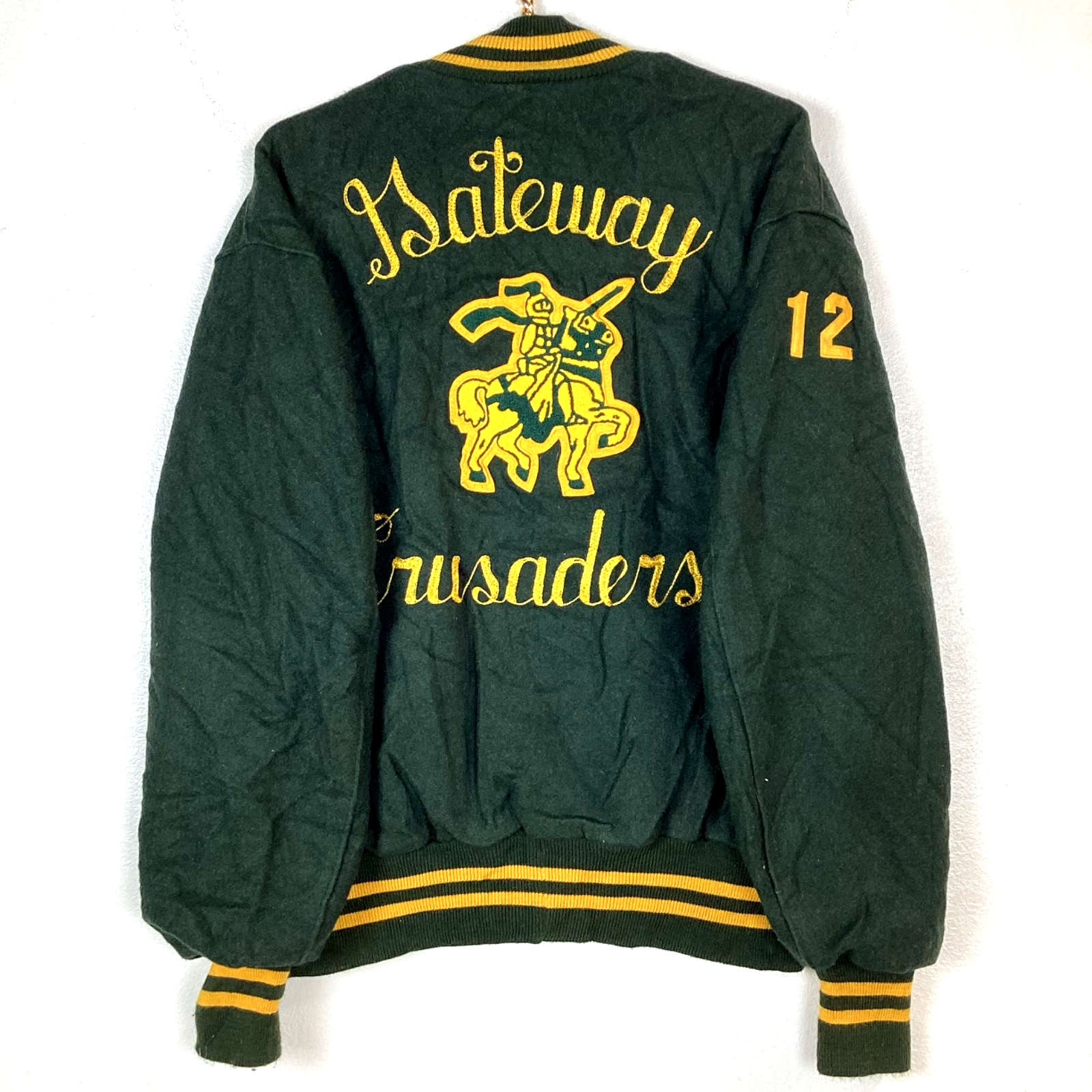 Vintage Delong Wool Varsity Jacket Xl Green 90s Made Usa Gateway Crausaders