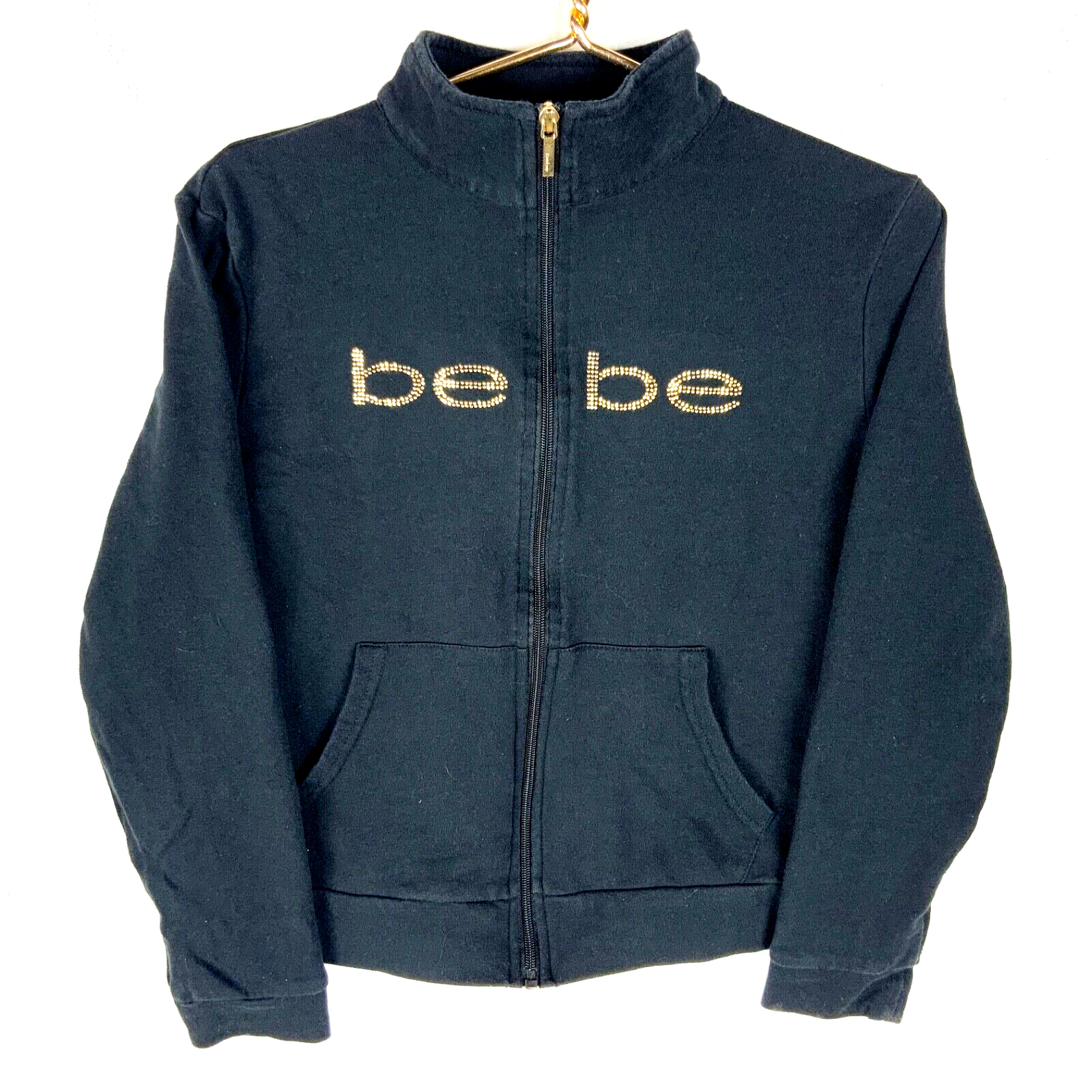 BeBe Rhinestone Women's Sweatshirt Large Black Full Zip Y2k