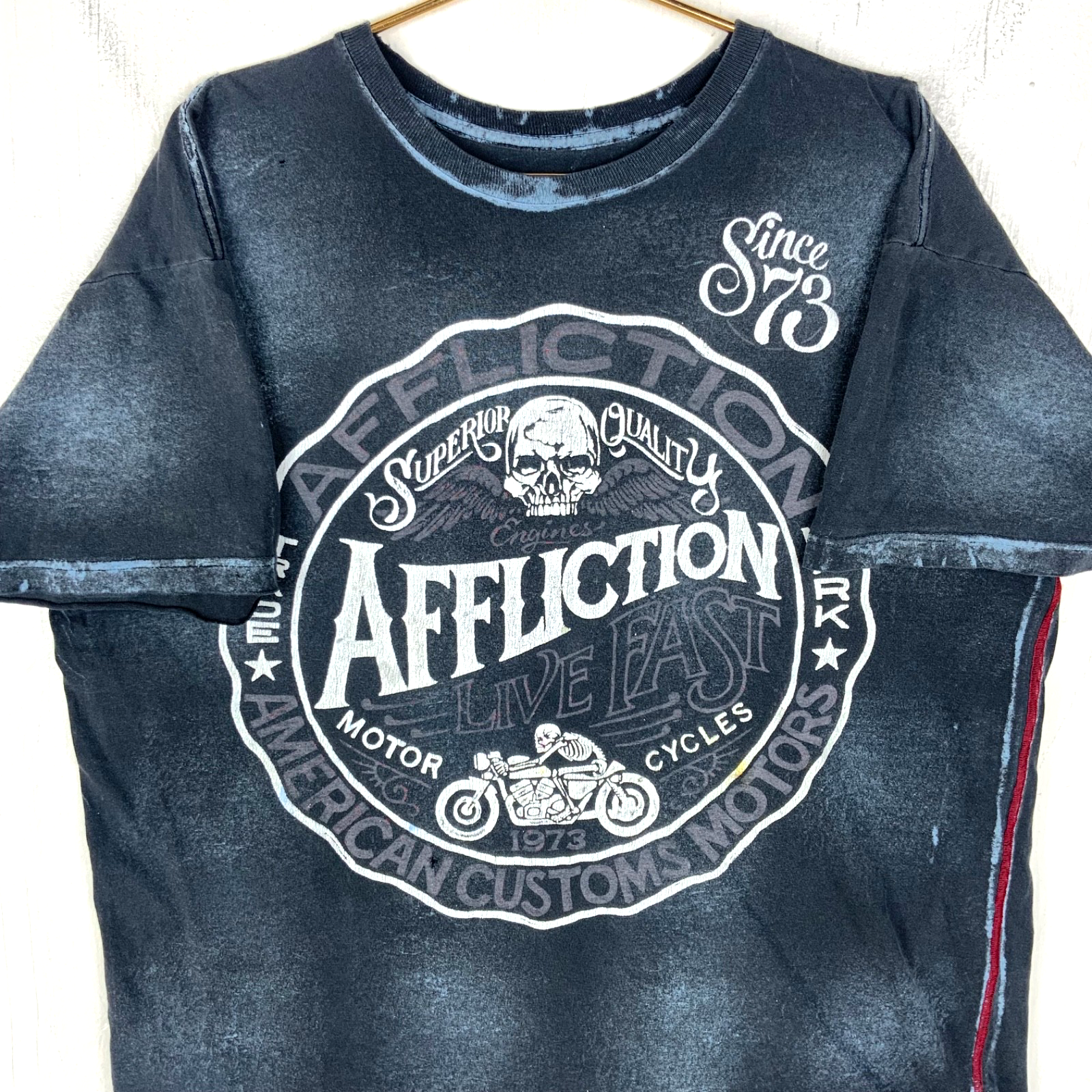 Affliction T-Shirt XL Black Double Sided Distressed Live Fast American Customs