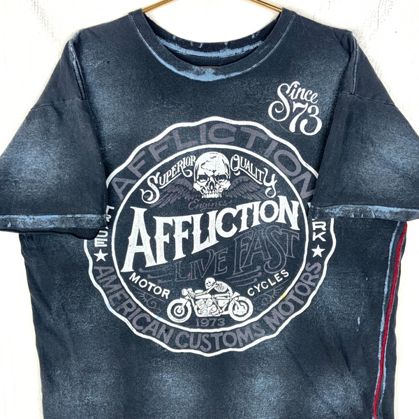 Affliction T-Shirt XL Black Double Sided Distressed Live Fast American Customs