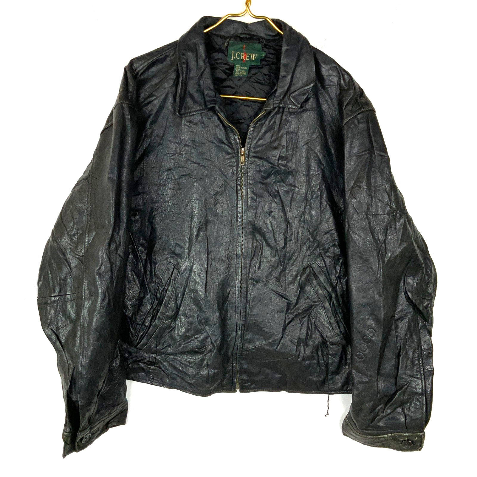 Vintage J.Crew Leather Bomber Jacket Large Black Full Zip Lined