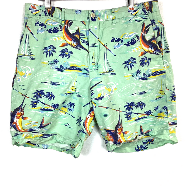 Polo Ralph Lauren Classic Fit Hawaiian Shorts Size 34 Green Sailfish Print