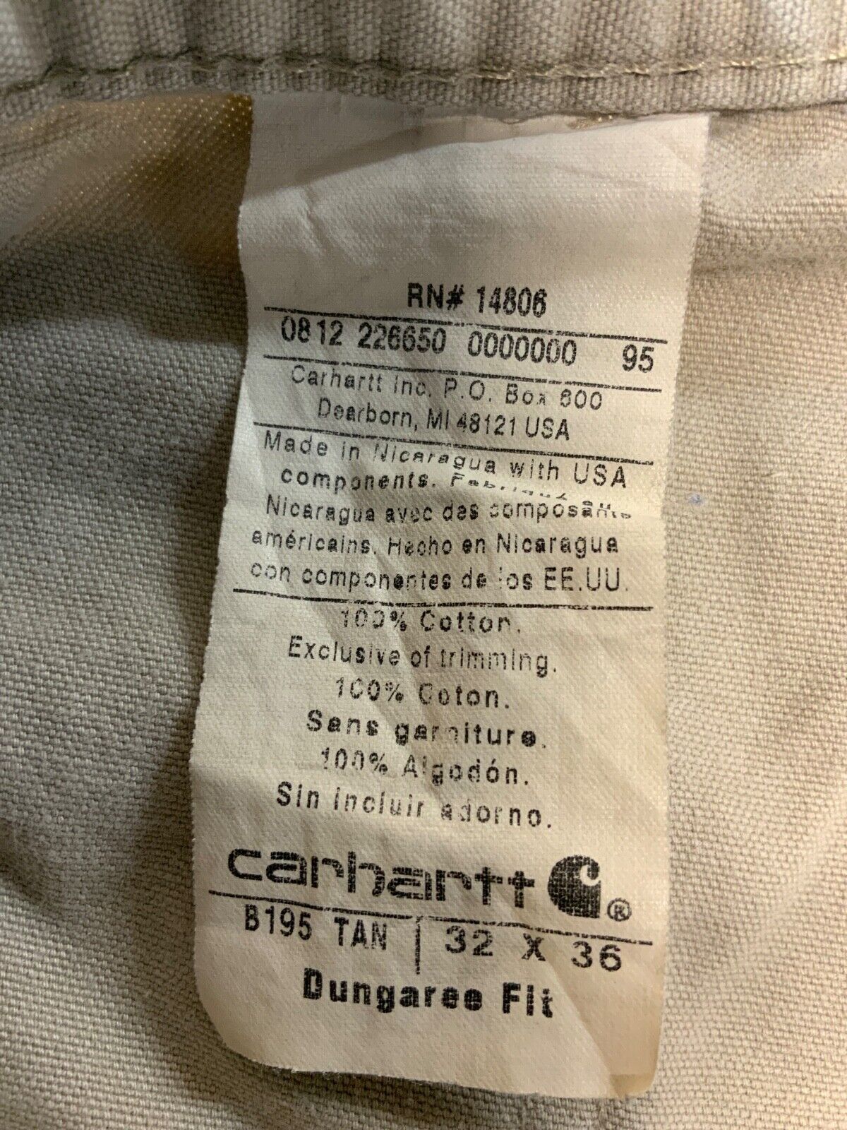 Carhartt Double Knee Dungaree Workwear Pants 32x36 Beige