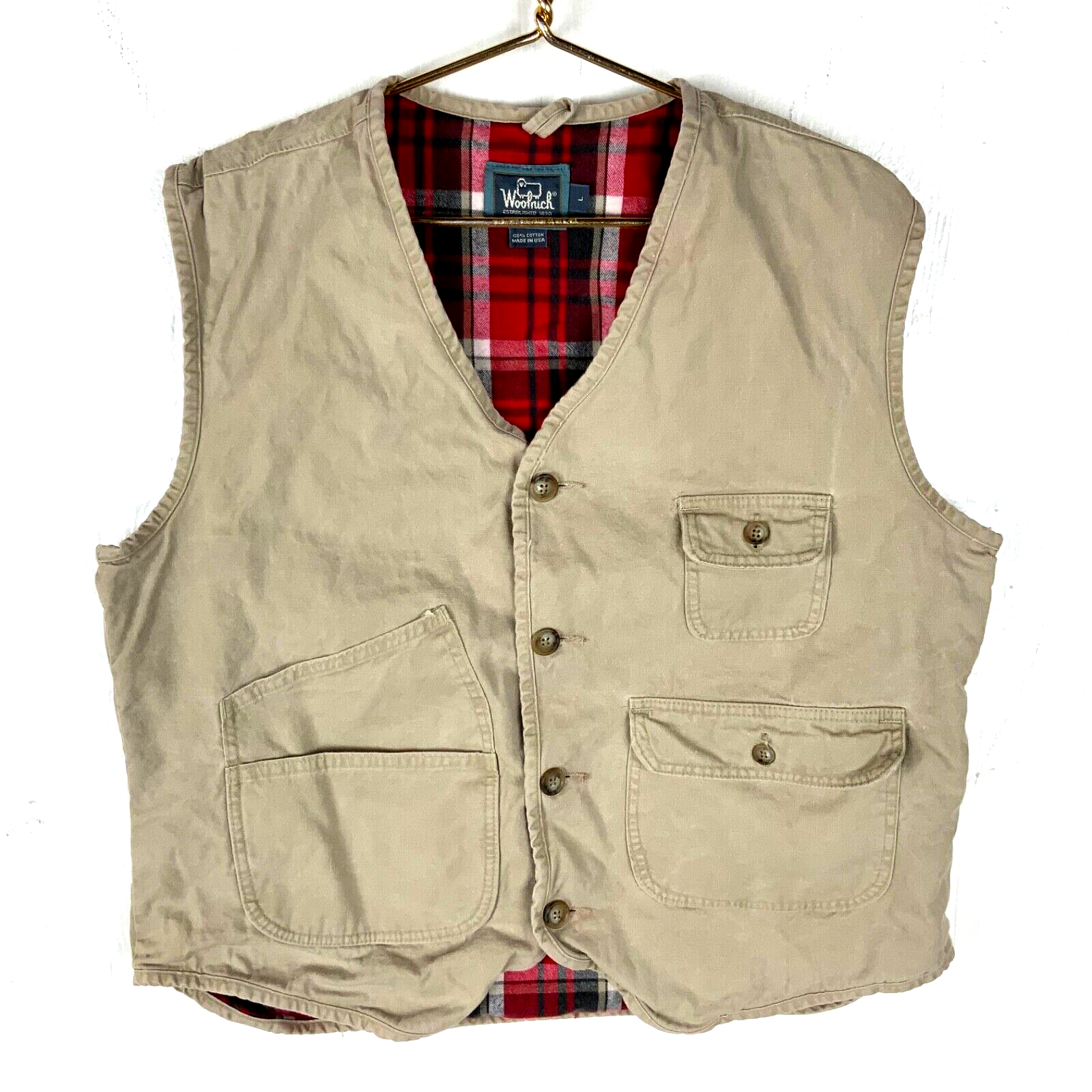 Vintage Woolrich Vest Large Beige Flannel Lined Made In Usa 90s