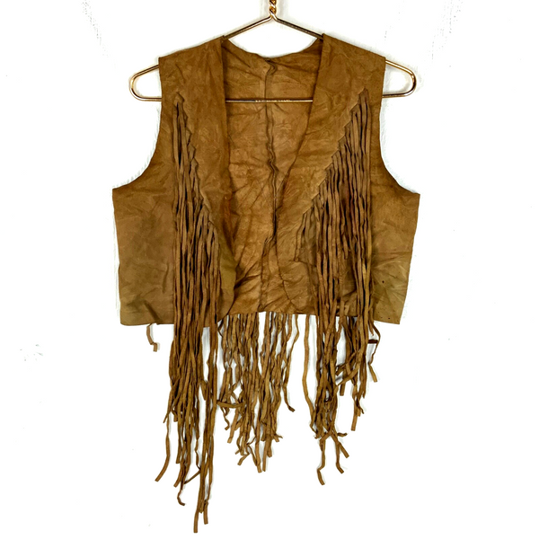 Vintage 1980s Suede Leather Vest Women's Medium Brown Cropped Tassel