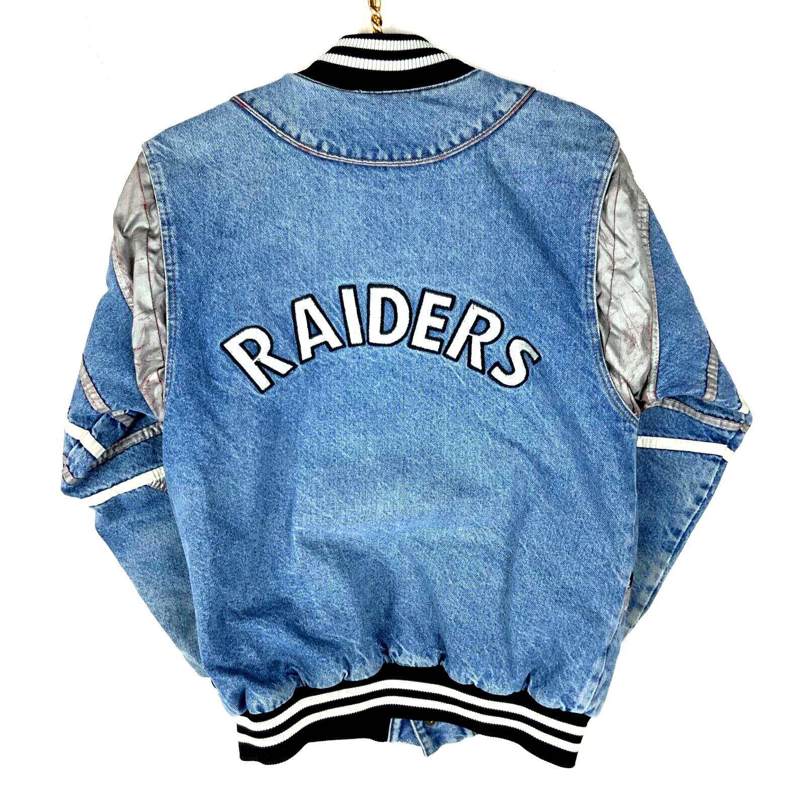 Vintage Oakland Raiders Denim Bomber Jacket Small Blue Snap Button Nfl