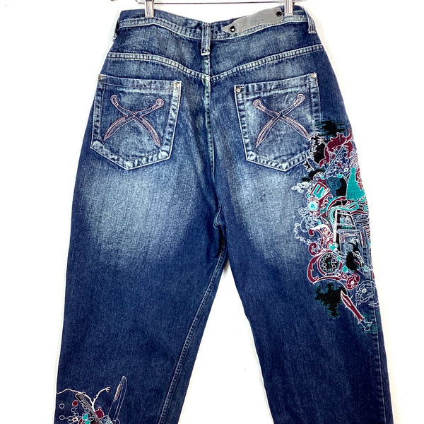 Vintage Y2K Denim Jean Size 38x27 Blue Baggy Embroidered Scissors