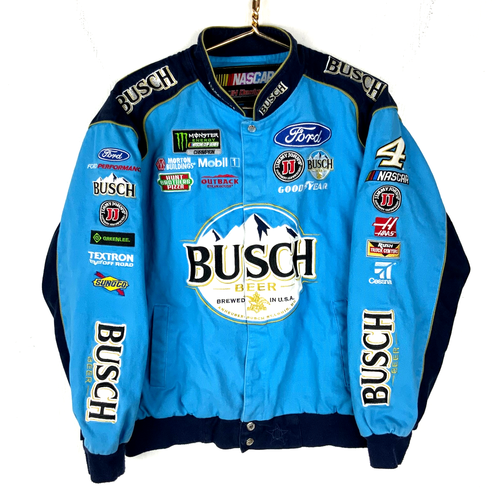 Kevin Harvick Nascar Jacket Snap Button Large Blue Jeff Hamilton Design Busch