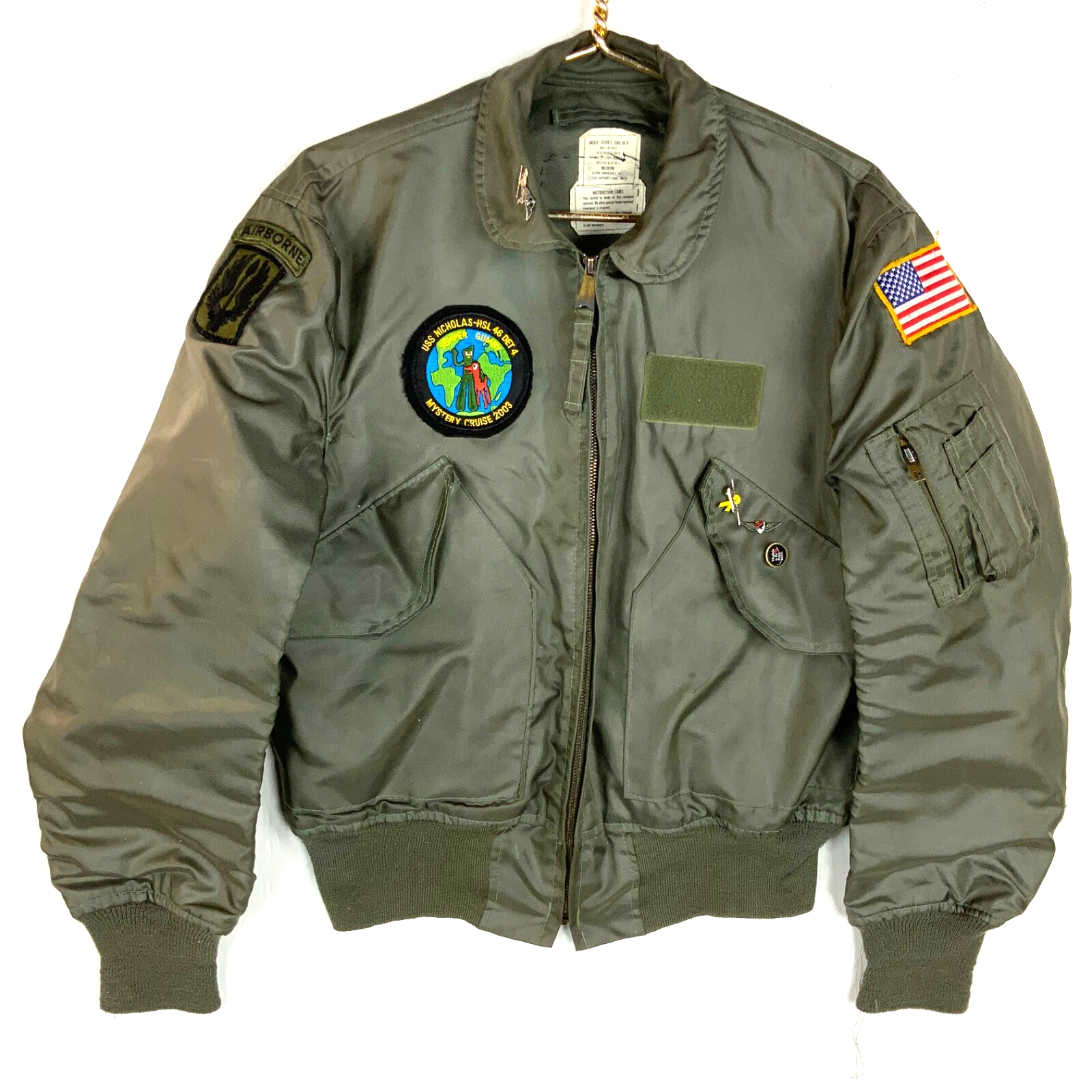 Vintage Us Military Cwu 36/p Flyers Jacket Medium Green Full Zip Patchwork 1988