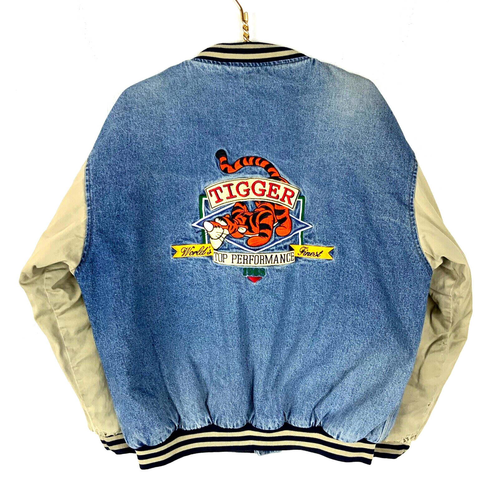 Vintage Tigger Disney Denim Bomber Jacket Large Blue Medium Wash Snap Button