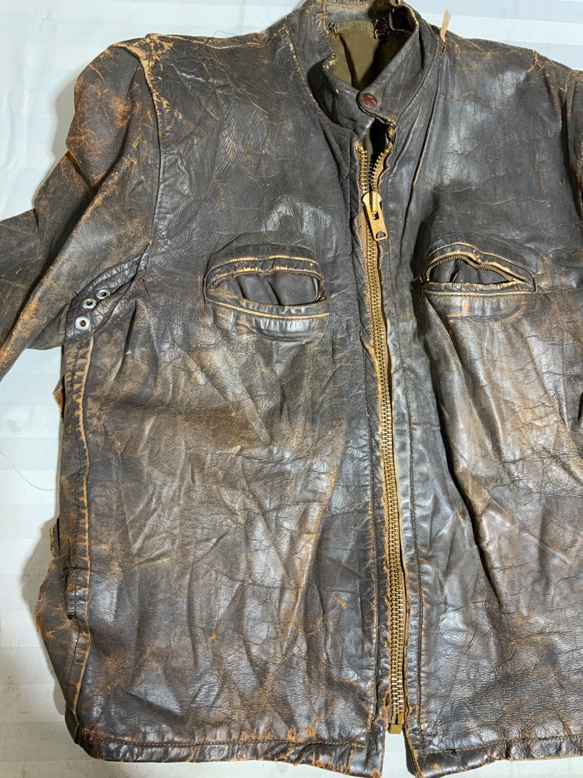Vintage 1970s Leather Cafe Racer Jacket Medium Brown Full Zip Lined Distressed