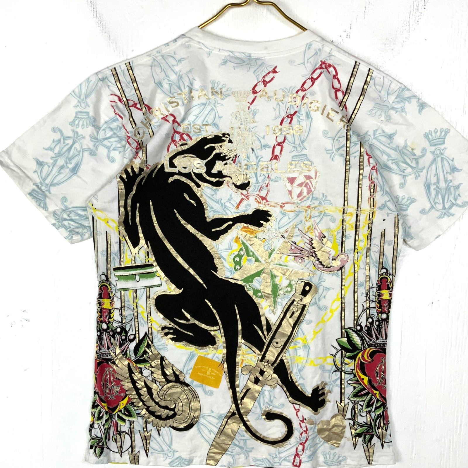 Vintage Christian Audigier T-Shirt XL White Made Usa All Over Print Studded Y2K