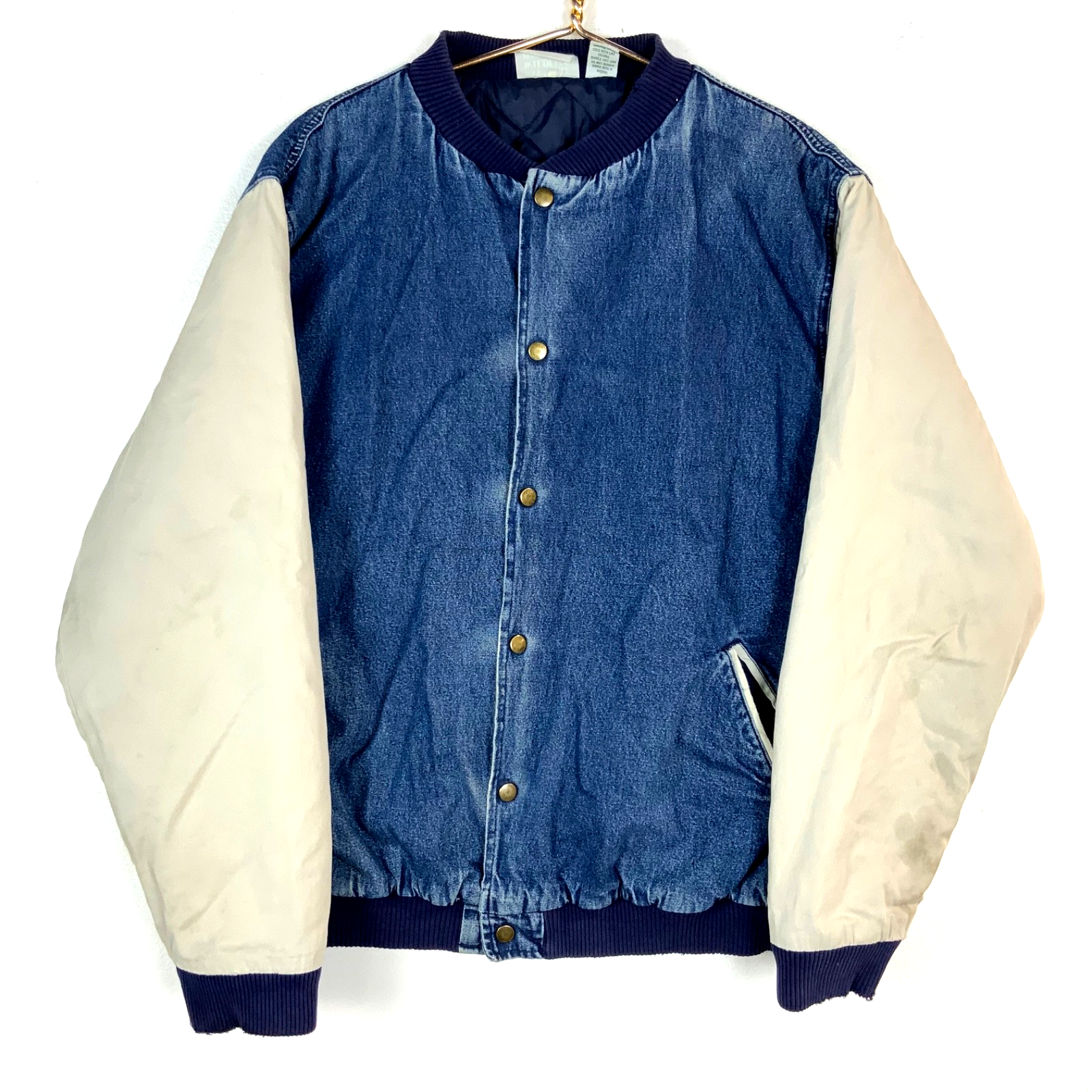 Vintage 1990s Denim Bomber Jacket Large Snap Button American Flag Bald Eagle