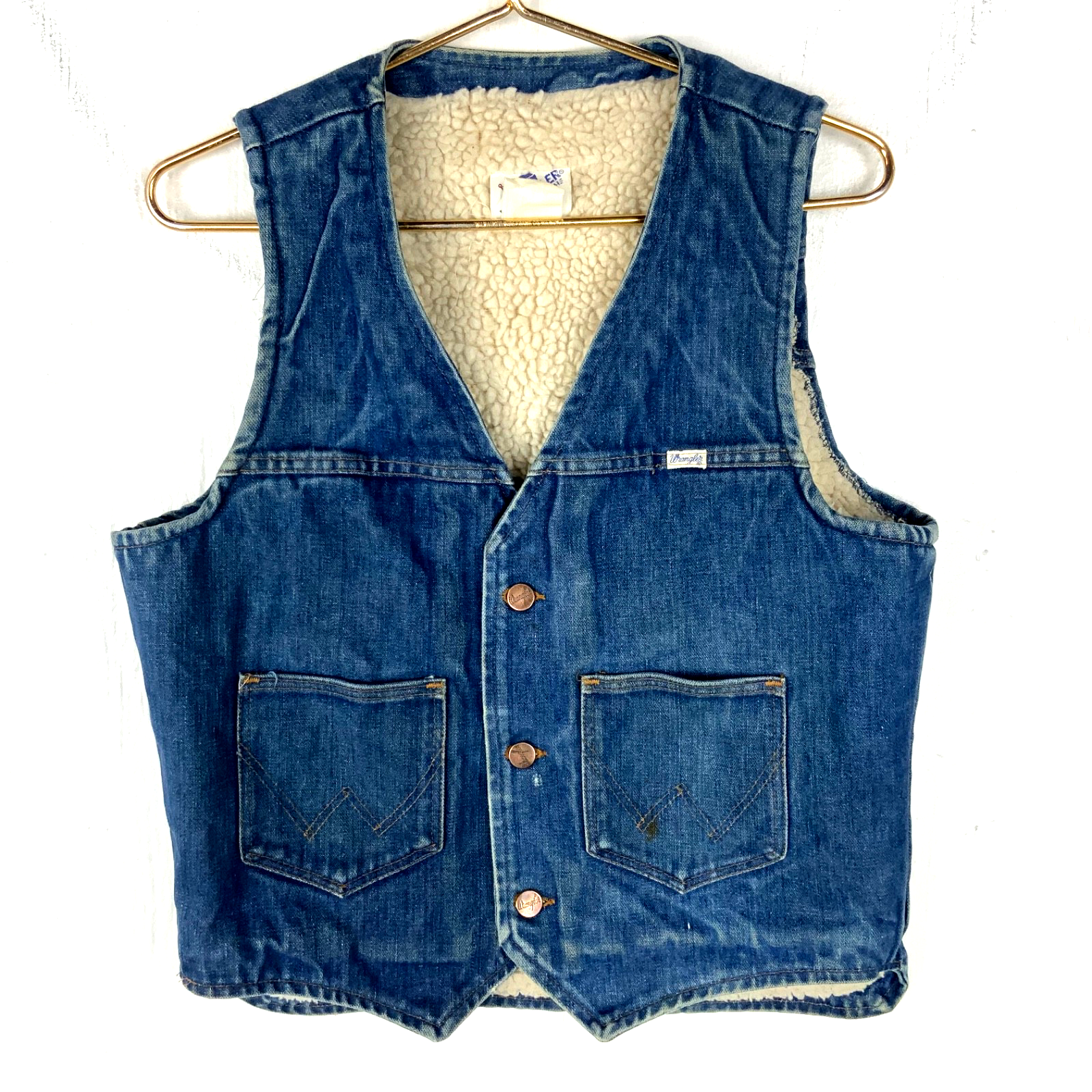 Vintage Wrangler No Fault Denim Jean Vest Small Blue Sherpa Lined 1970s Usa