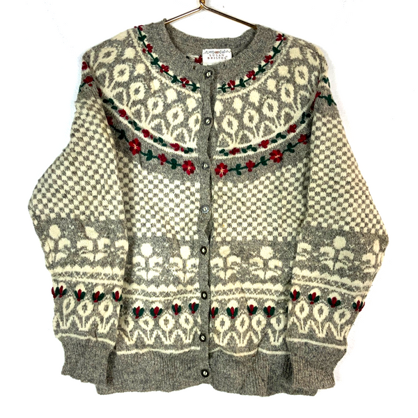 Vintage 1990s Grandma Wool Knit Sweater Women’s Large Gray Cardigan Pattern