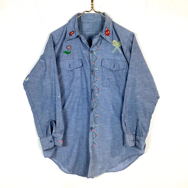 Vintage 1980s Chambray Shirt Size Medium Blue Long Sleeve Button Up Embroidered