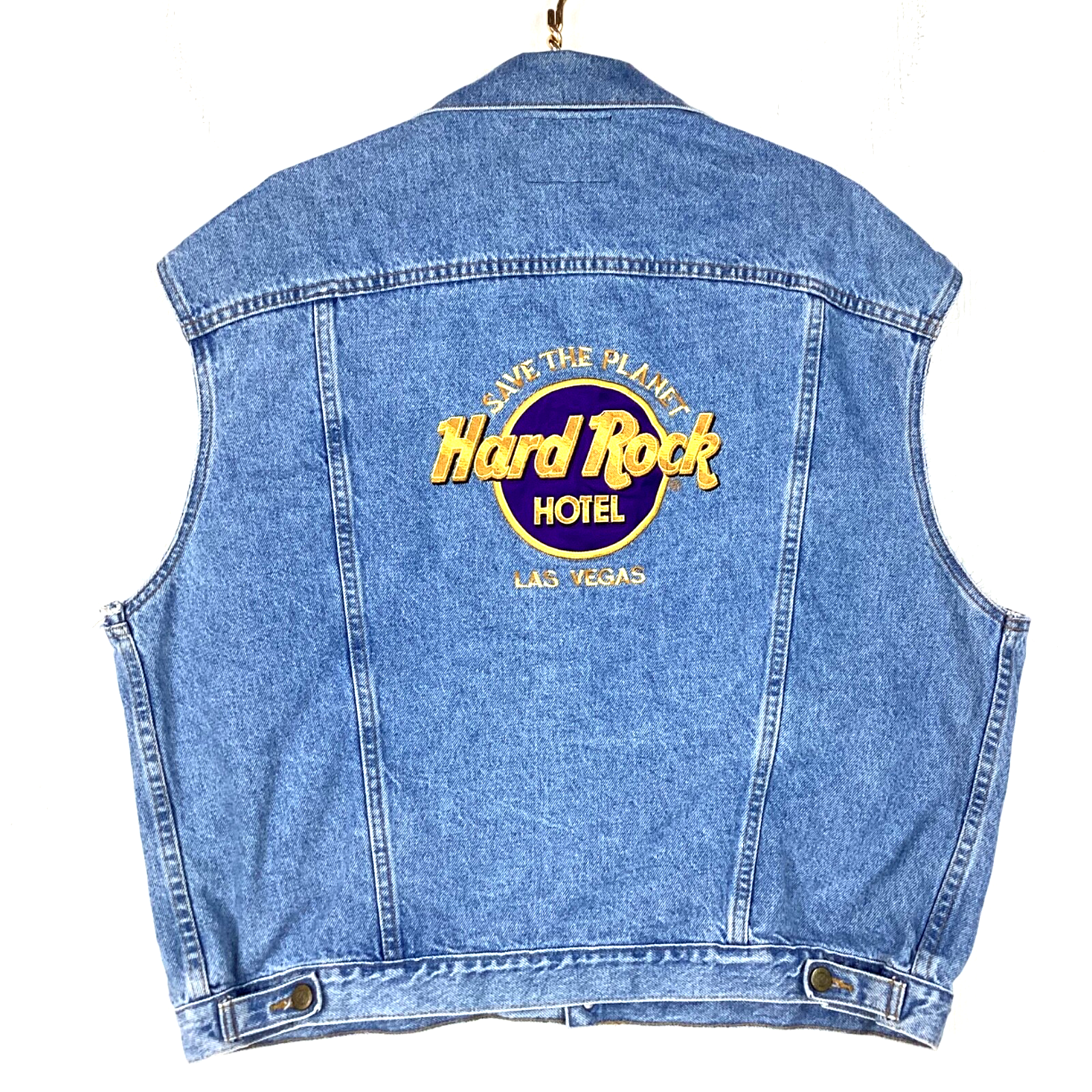 Vintage Hard Rock Cafe Las Vegas Denim Vest Jean Jacket Size XL Blue Button Up