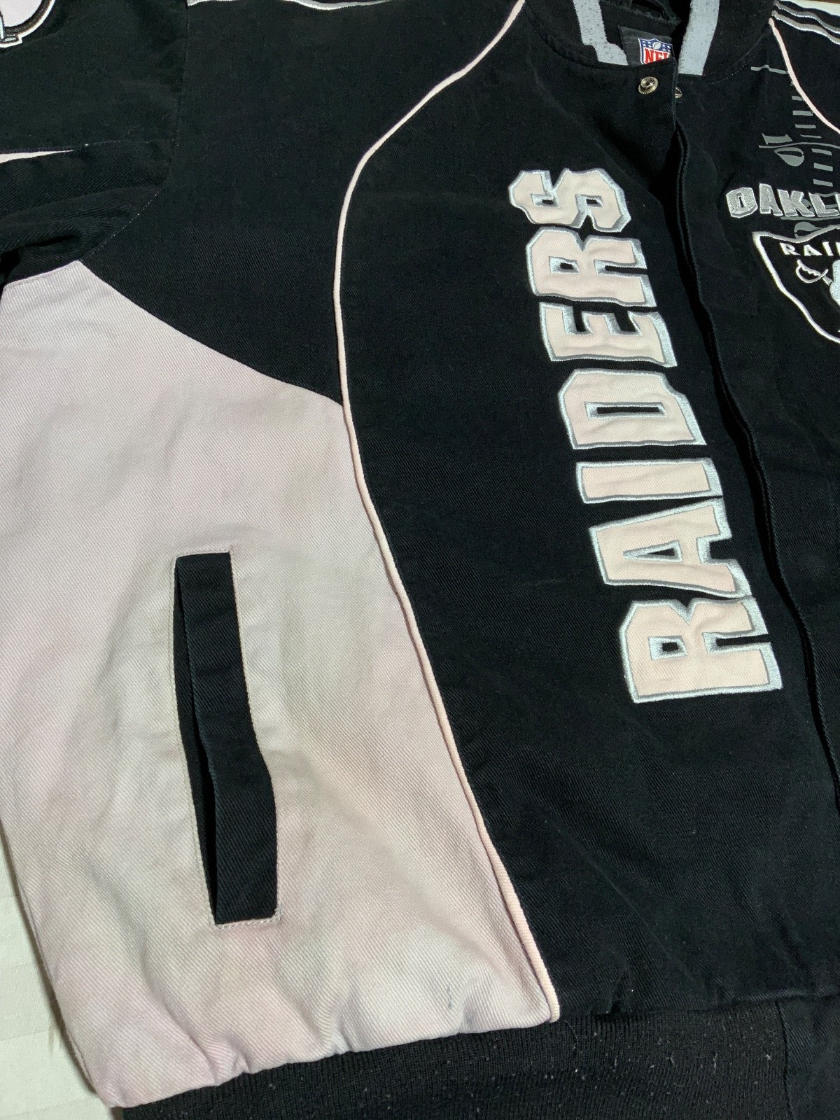 Oakland Raiders Varsity Bomber Jacket 4XL Snap Button Quilt Lined Nfl