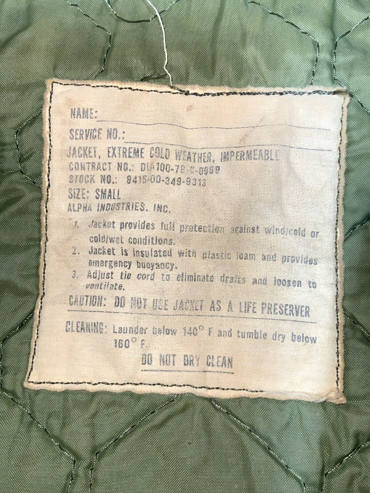 Vintage Alpha Industries U.S. Army Cold Weather Jacket Small 1978 S.A.S.S.
