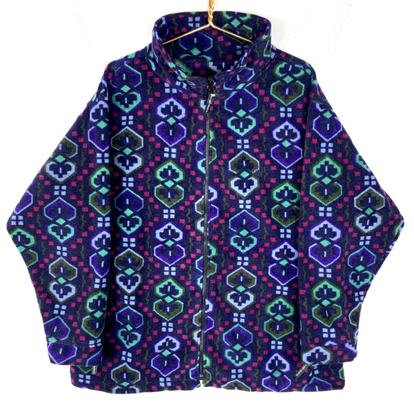 Vintage 1990s Fleece Sweater Jacket Women’s 2XL Purple Full Zip Patterned