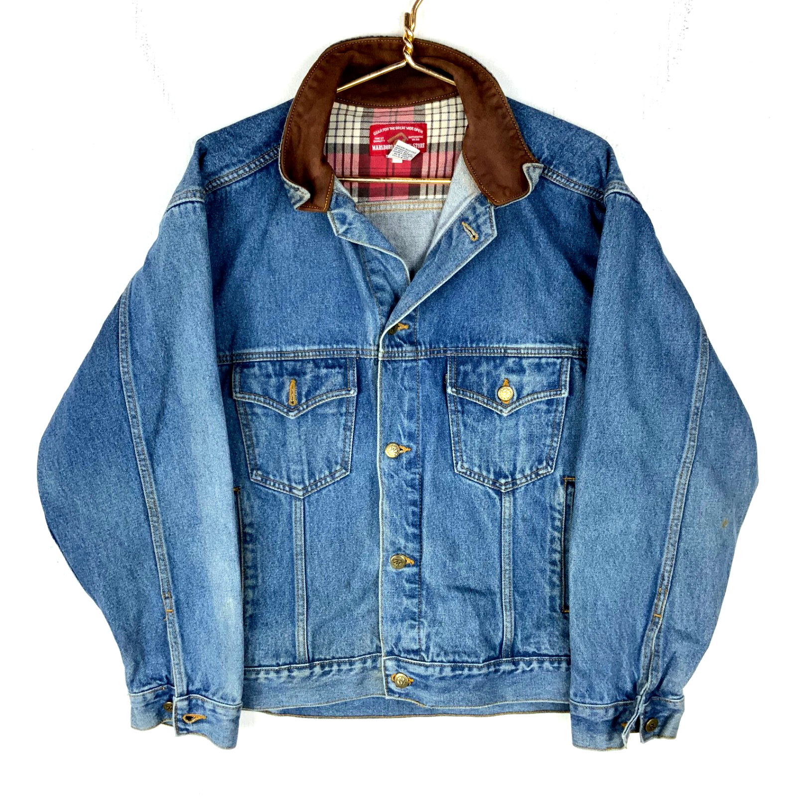 Vintage Marlboro Country Store Denim Jean Jacket Large Blue Medium Wash 90s