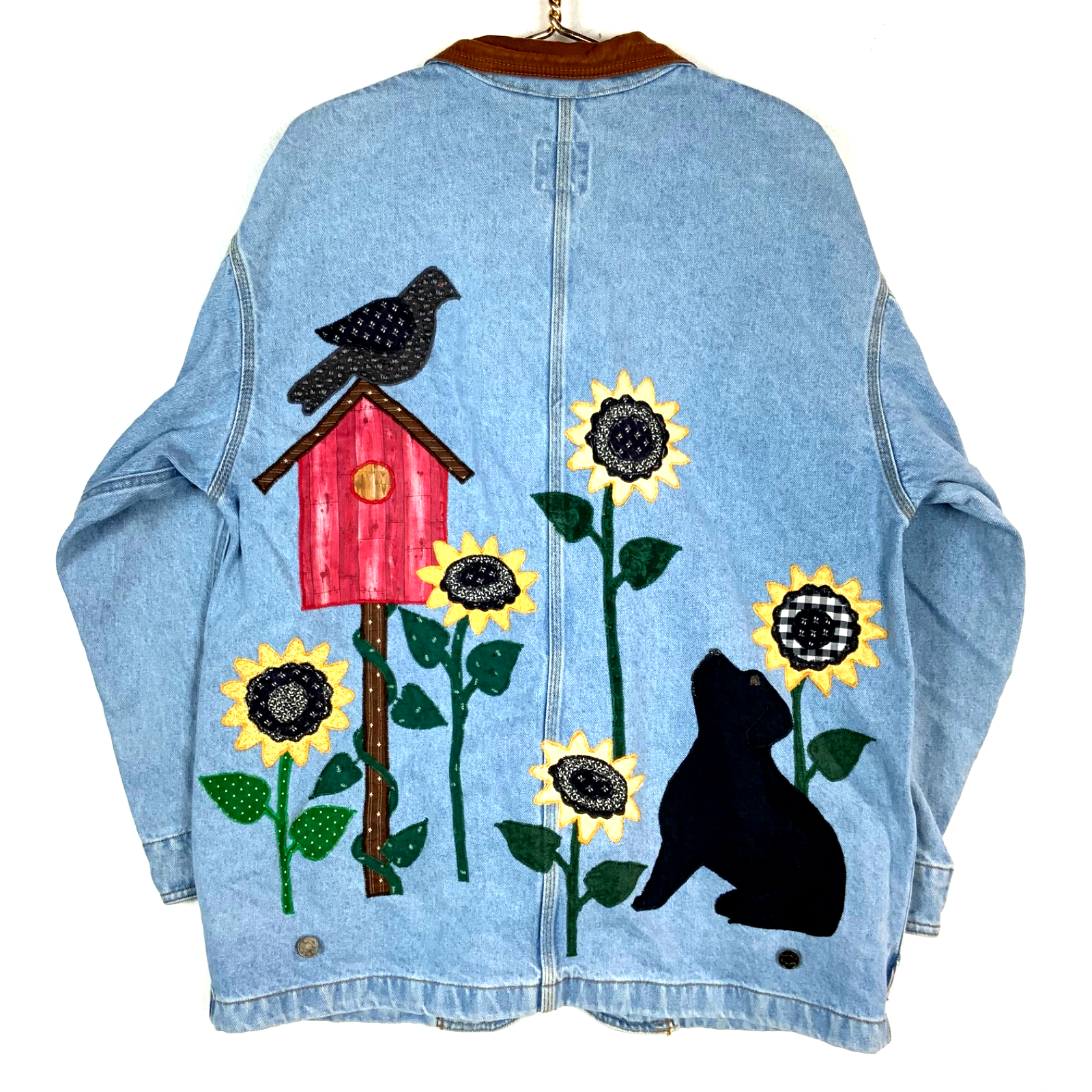 Vintage 1990s Women's Denim Jean Trucker Jacket Large Blue Floral Dog Bird