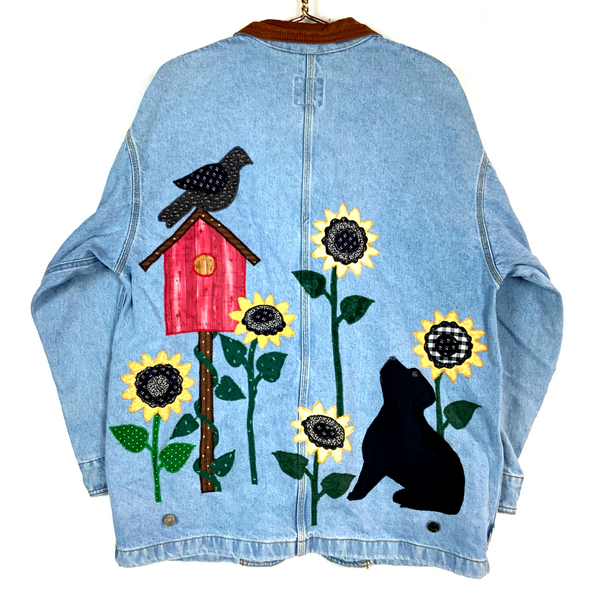 Vintage 1990s Women's Denim Jean Trucker Jacket Large Blue Floral Dog Bird