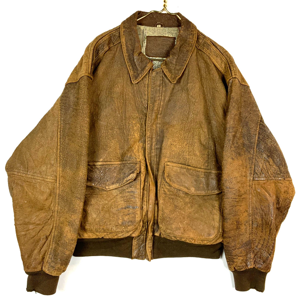 Vintage 1990s Leather Bomber Jacket Large Brown Lined Full Zip