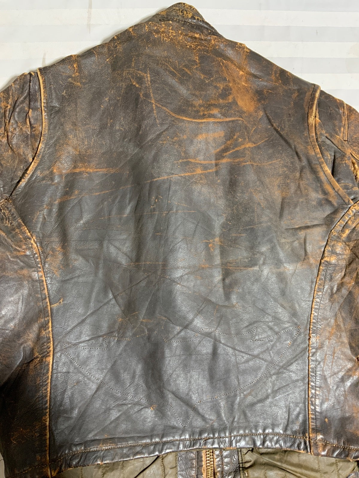 Vintage 1970s Leather Cafe Racer Jacket Medium Brown Full Zip Lined Distressed