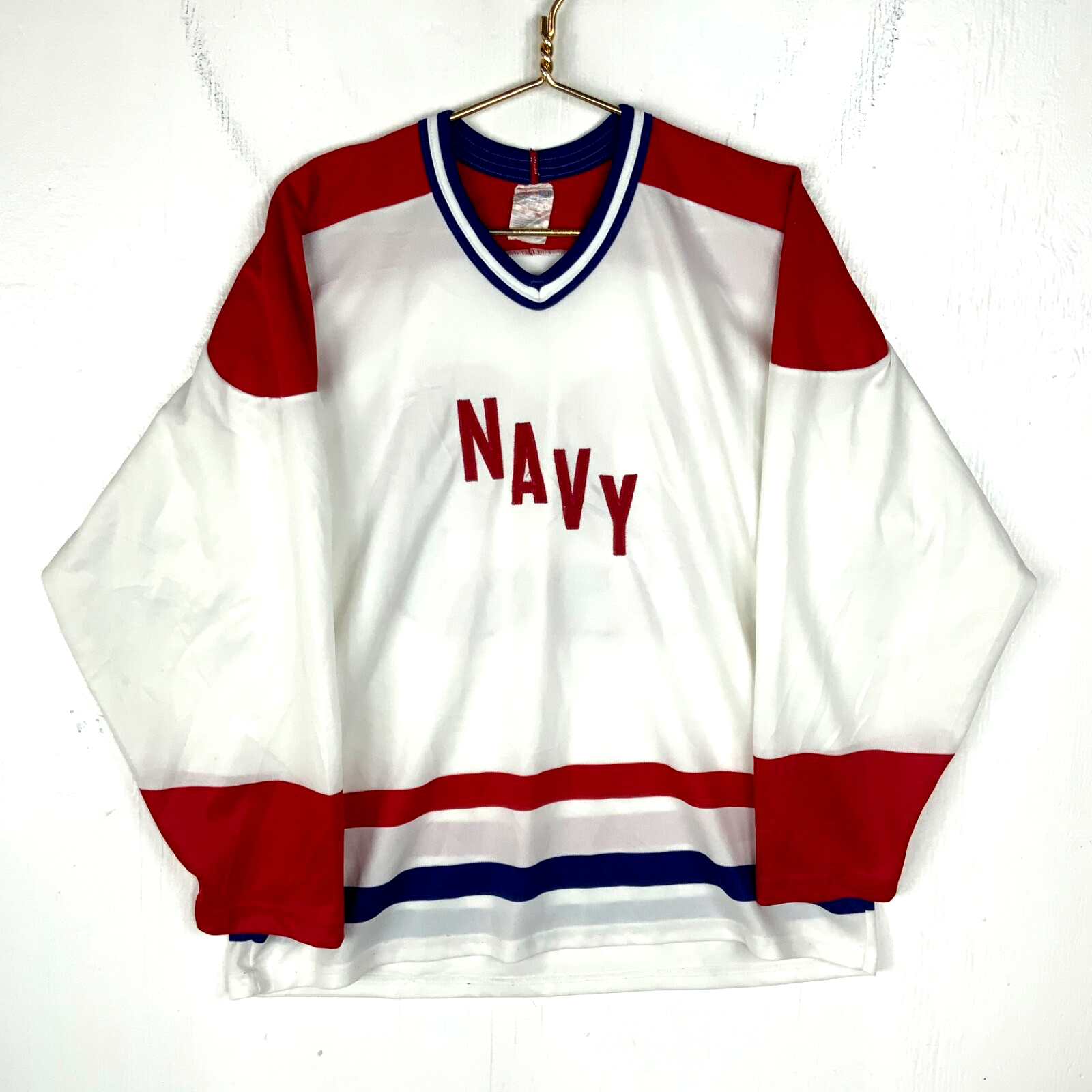 Vintage Navy Hockey Jersey Large Ccm White Made Canada 80s
