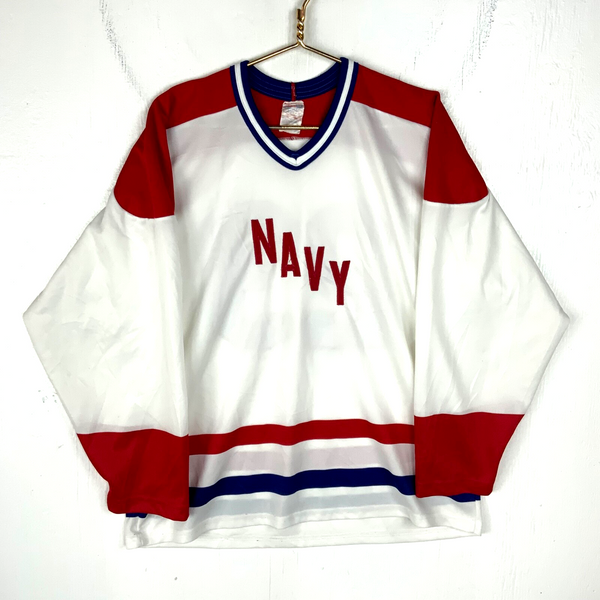 Vintage Navy Hockey Jersey Large Ccm White Made Canada 80s