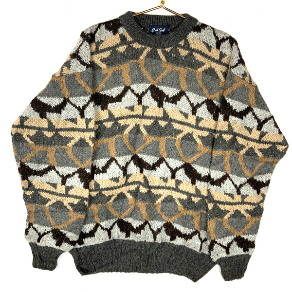 Vintage Hand Made Grandpa Knit Alpaca Wool Sweater Size Large Gray Patterned 90s