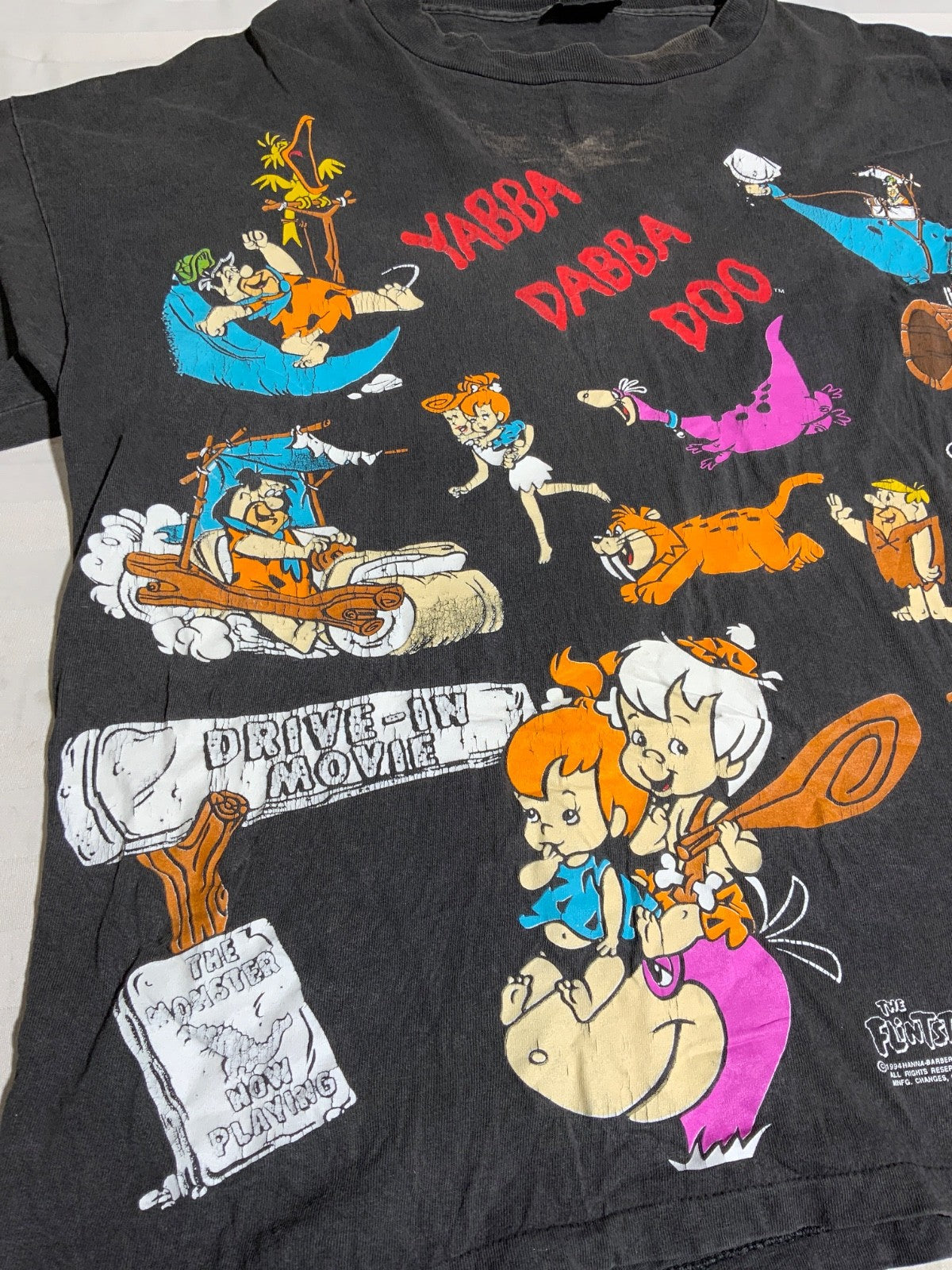Vintage The Flintstones Changes T-Shirt XL Black All Over Print 1994 Cartoon 90s