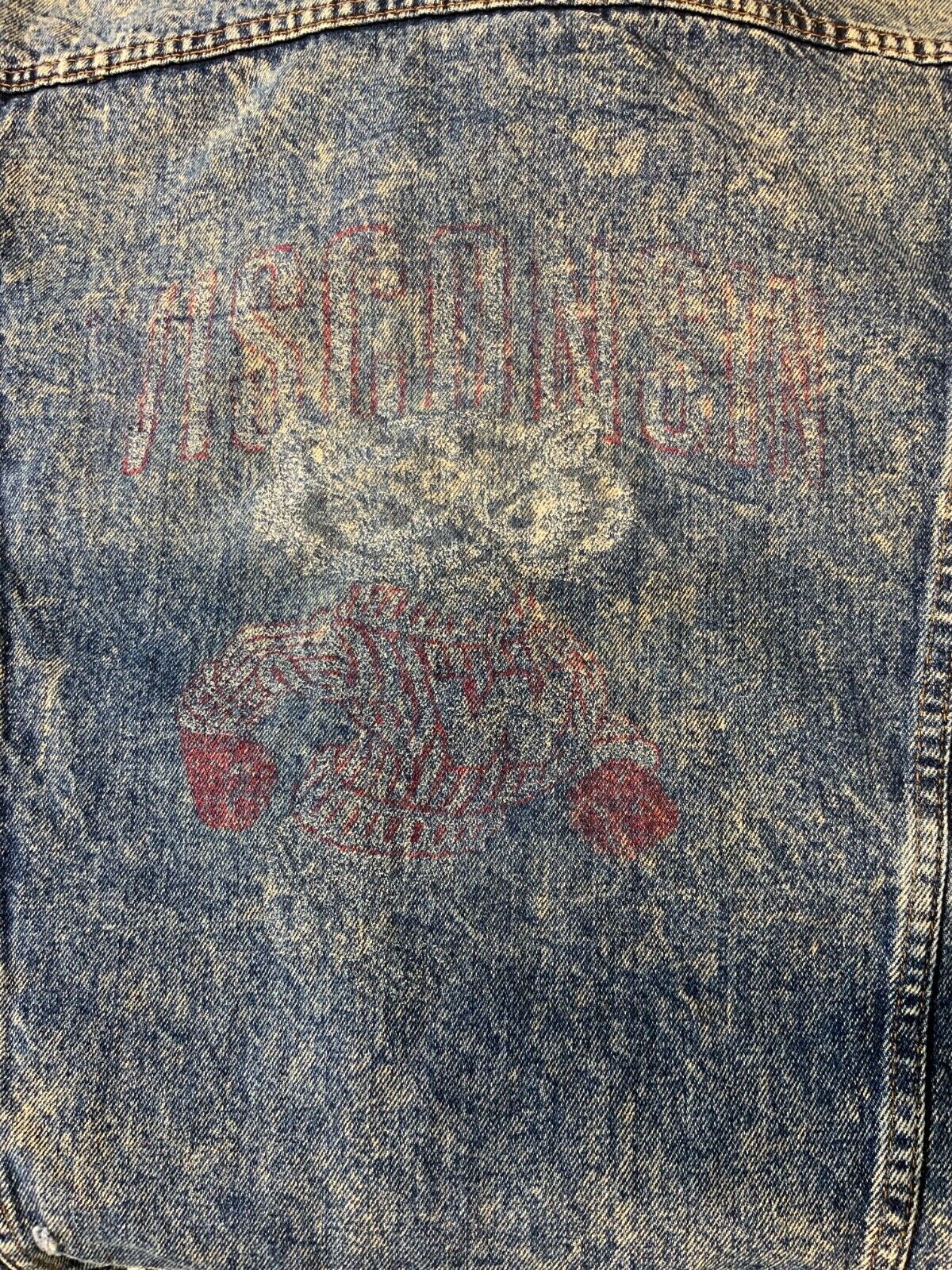 Vintage Wisconsin Badgers Denim Jean Jacket XL Blue Acid Wash 90s