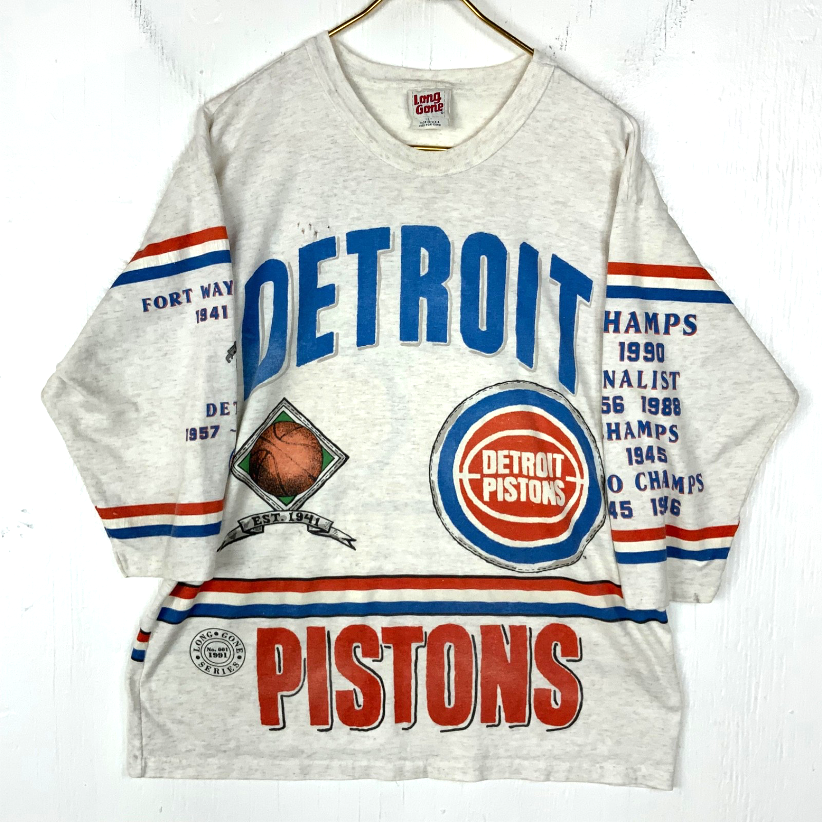 Vintage Detroit Pistons T-Shirt Large Gray 3/4 Sleeve Aop 1991 Nba Long Gone 90s