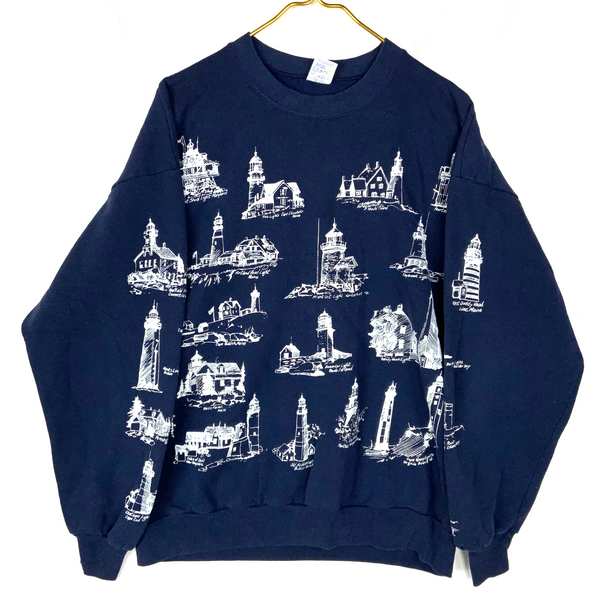 Vintage Light House Sweatshirt Crewneck XL Blue Made Usa All Over Print 90s