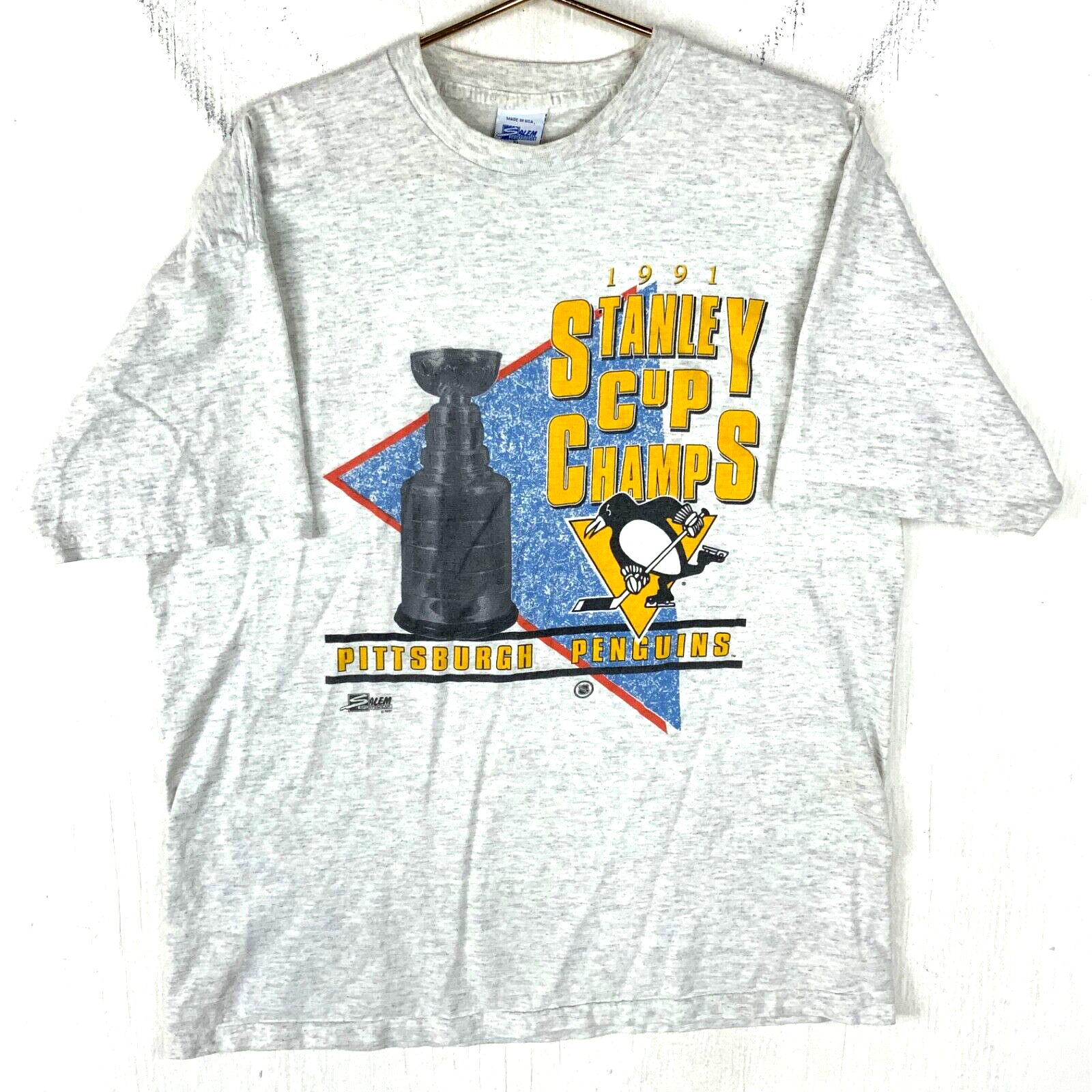 Vintage Pittsburgh Penguins Salem T-shirt Extra Large Gray 1991 Nhl Stanley Cup