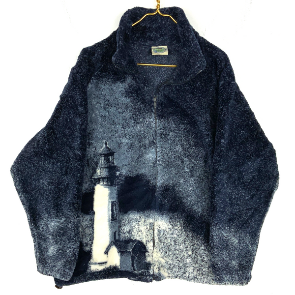 Vintage Light House Fleece Sweater Jacket XL Blue Full Zip Adventure Pass 90s