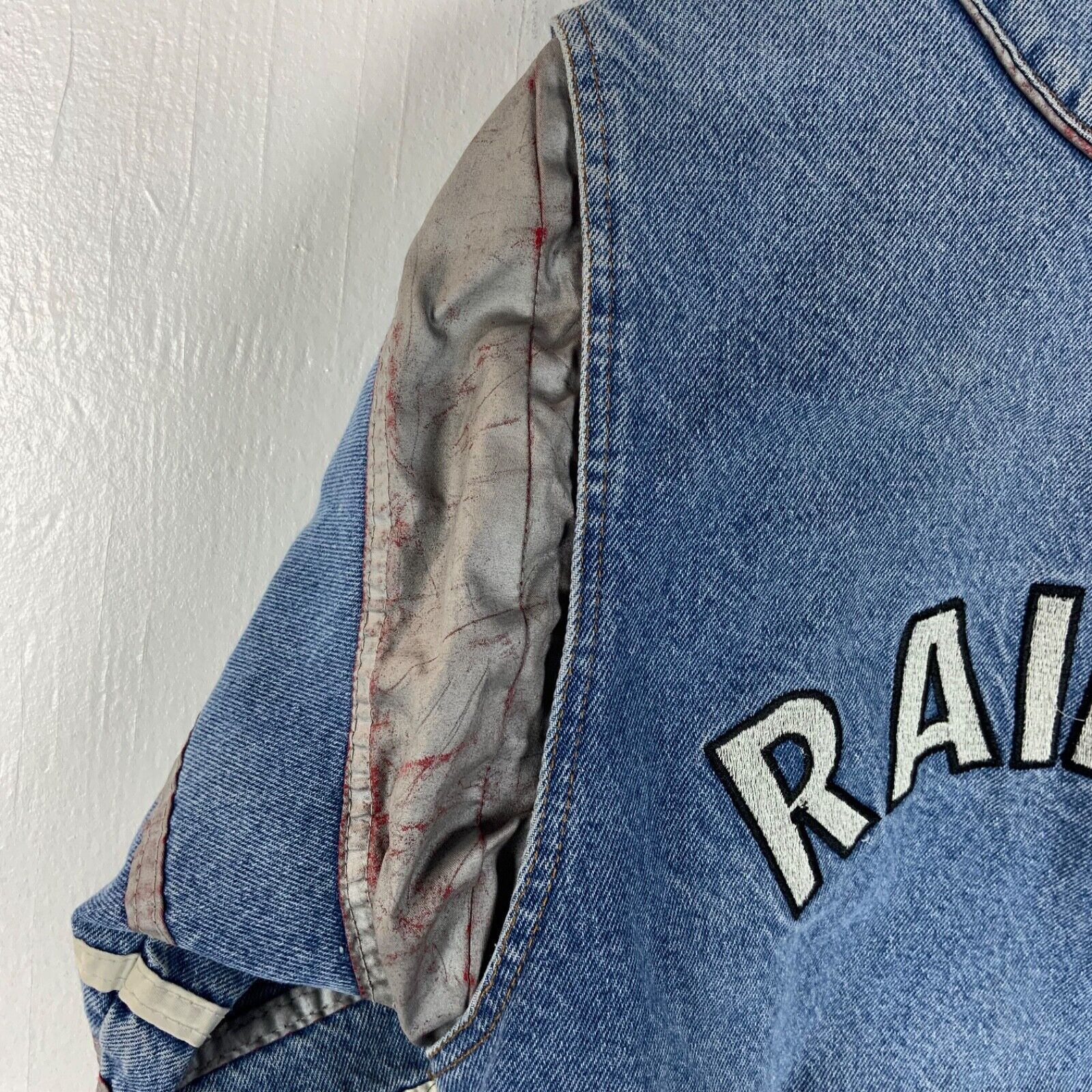 Vintage Oakland Raiders Denim Bomber Jacket Small Blue Snap Button Nfl
