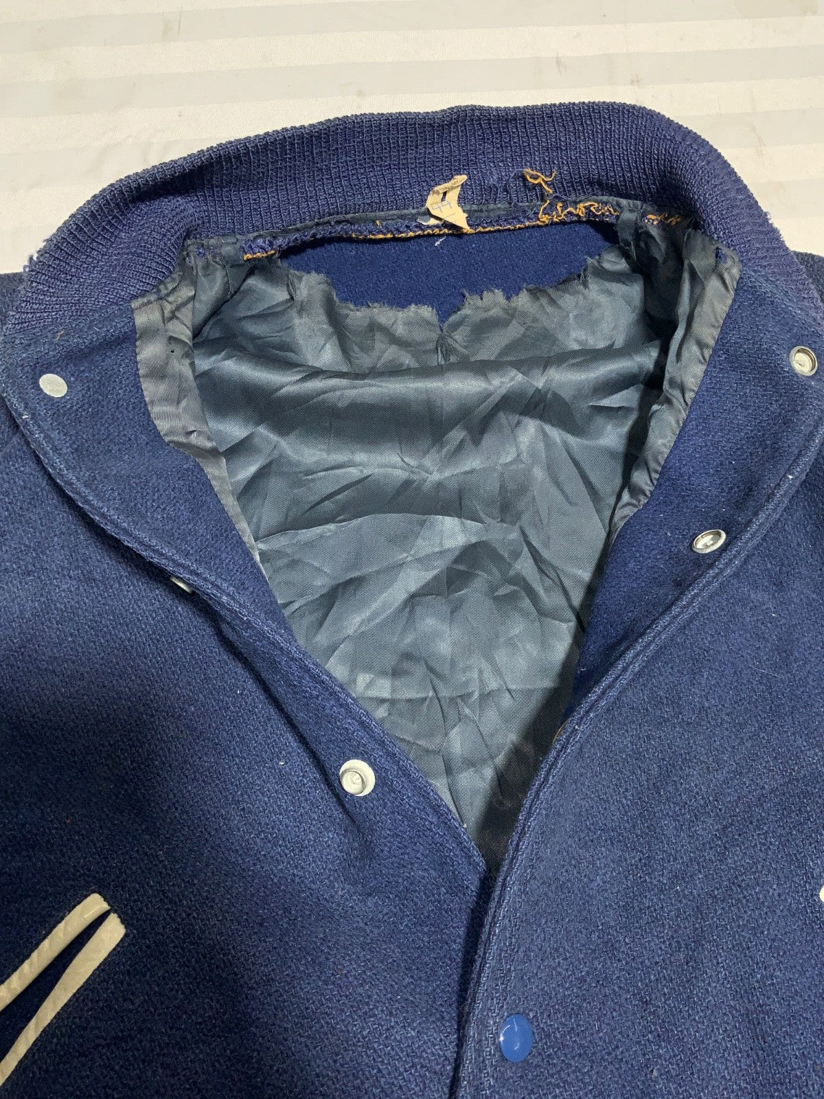 Vintage 1970s Butwin Wool Leather Jacket Large Blue Snap Button Varsity Bomber