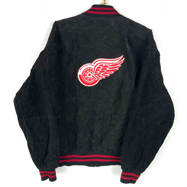 Vintage Detroit Red Wings Jacket Large Black Full Zip Suede Bomber Nhl