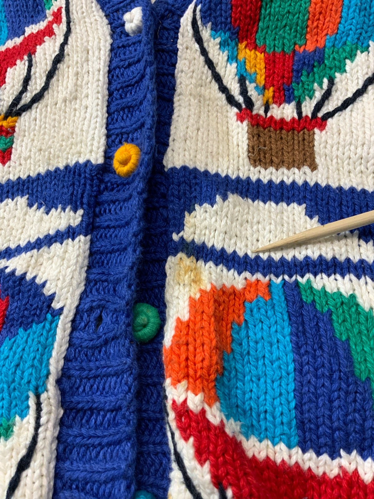 Vintage 1990s Grandpa Knit Sweater Medium White Cardigan Hot Air Balloons