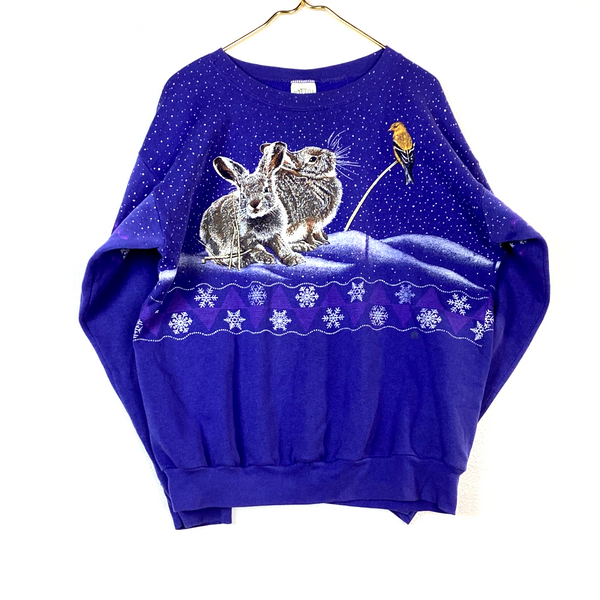 Vintage Rabbit Sweatshirt Crewneck Size Large Purple All Over Print Made In Usa